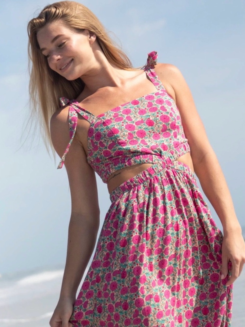 NATURAL LIFE Courtney Floral Cutout Maxi Dress – Pink Boho Beach Dress Small